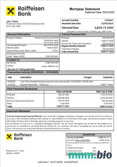 Ukraina Raiffeisen Bank wyciąg z kredytu hipotecznego w formatach Word i PDF